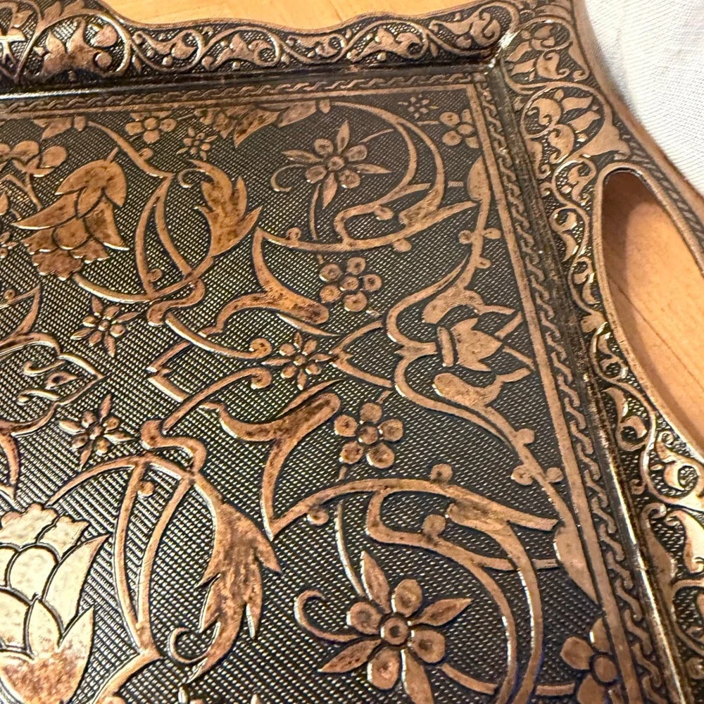Alisveristime Turkish Zamac Decorative Tray Floral Embossed Vanity Serving